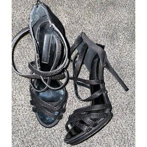 BGBG MAXAZRIA black satin strappy heels Size 8 Hidden Platform Rhinestones